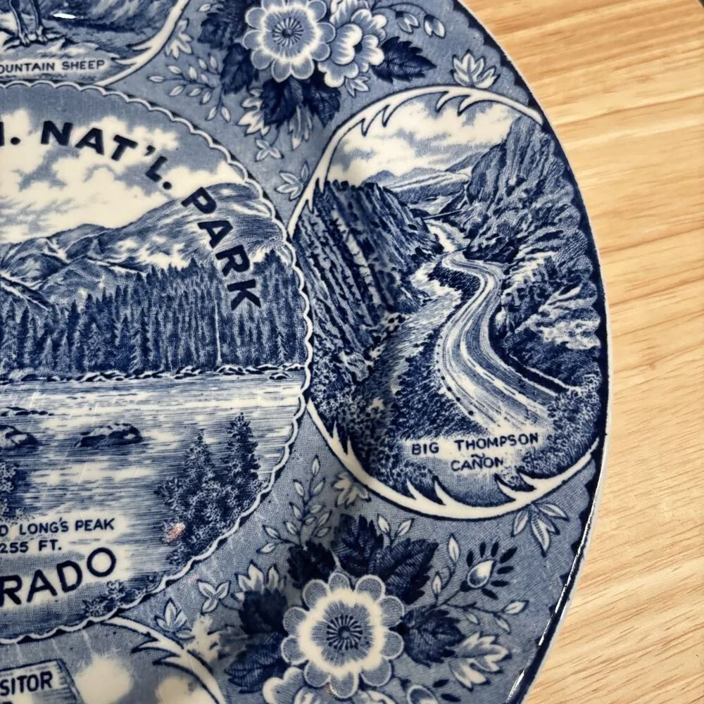 Vintage Rocky Mtn Nat’l Park Fine Straffordshire Ware Blue White Souvenir Plate